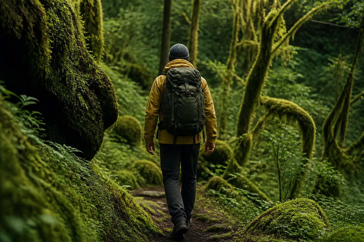 Explorador em trilha de montanha